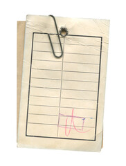 Old clothes paper tags with punched hole and metal paper clip on white