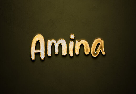 Old gold text effect of name Amina with 3D glossy style Mockup.