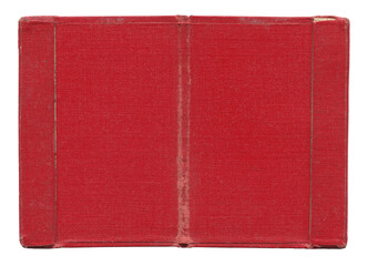 small open notebook vintage red covers with stained and wrinkled buckram canvas cloth isolated on white