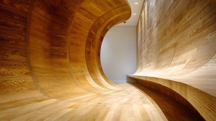 Modern wooden interior design, showcasing a curved, wave-like panel and built-in bench