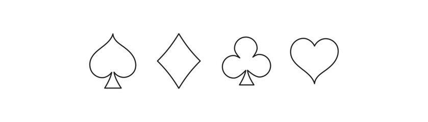 Four playing card suits icons set. Suit deck of playing cards on white background. Vector icon . Cards symbols. Diamonds, hearts, clubs, spades symbol or sign set.