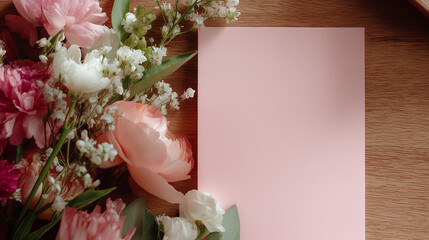 Blank Valentine&rsquo;s Day card with flowers on wooden table.