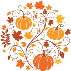 Autumn harvest pumpkin floral swirl wreath seasonal fall decorative ornament vector
