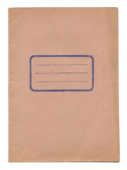 Vintage school notebook dusty pink cover with blank label frame on textured paper isolated on white