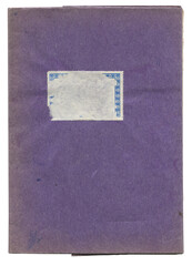 Vintage school notebook dusty lavender cover with blank label frame on textured paper isolated on white