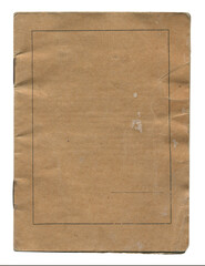 Vintage closed school notebook with dusty brown cover and black decorative frame on white