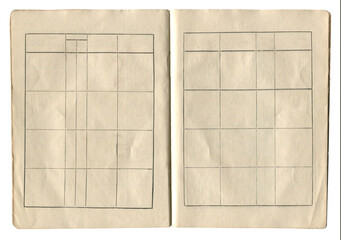 small old notebook with vintage empty spreadsheet accounting charts inside open and isolated on white