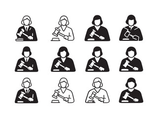 Judicial Emblem Icons. Judge in Robes Delivering Verdict. Icon set. Set Logo of Judge in Robes Delivering Verdict: judge?s hand holding gavel above block.