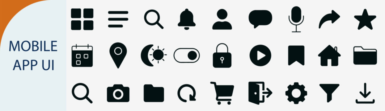 Set of 30 Mobile App UI and Web Interface Glyph Vector Icons