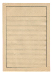 vintage notebook ledger page with blank lines on aged brown paper isolated