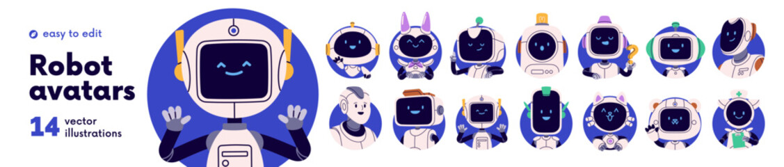 Cute robot avatars, AI characters set. Happy, smiling faces of digital assistants in circle round frames for user profiles. Funny technology bots. Flat vector illustration isolated on white background