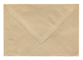 Vintage kraft paper envelope front view with aged beige texture on white