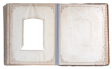 Open vintage photo album with ornate square frames and empty pages showing aged paper texture on white