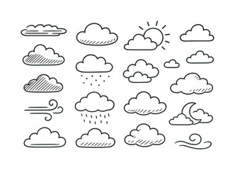 Fototapeta premium Whimsical Cloud Doodles. Clouds. Hand-drawn doodle illustration Clouds cirrostratus line, vapor streaks, gentle puff, cloudy sun, cloud shading, drizzle dots,