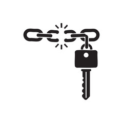Black and white vector icon of key and padlock unlocking broken chain symbol of security access freedom