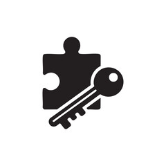 Black and white vector icon of key and puzzle piece symbolizing security access and problem solving