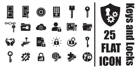 Keys and locks black flat security icons set of doors, safe, cloud and data protection 
