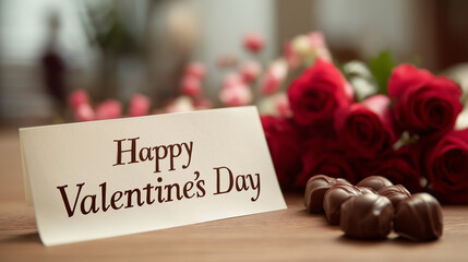 Valentine&rsquo;s Day card with roses and chocolates on table.