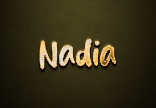 Old gold text effect of name Nadia with 3D glossy style Mockup.