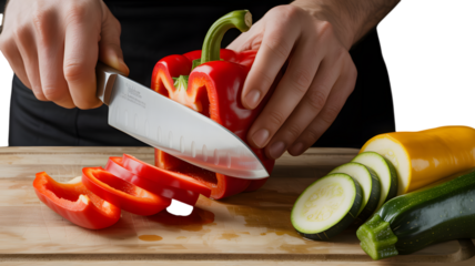 Chef's hands expertly slicing a vibrant red bell pepper on a wooden cutting board with fresh zucchini nearby on transparent background