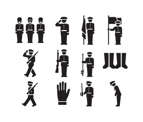 Honor Guard Icons. Honor guard line. Solid icon set of Honor guard line: ceremonial guards, military salute, honor line formation, flag bearer, dress uniform,