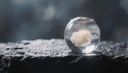 Sphere of water containing a floating cloud, placed on a dark surface