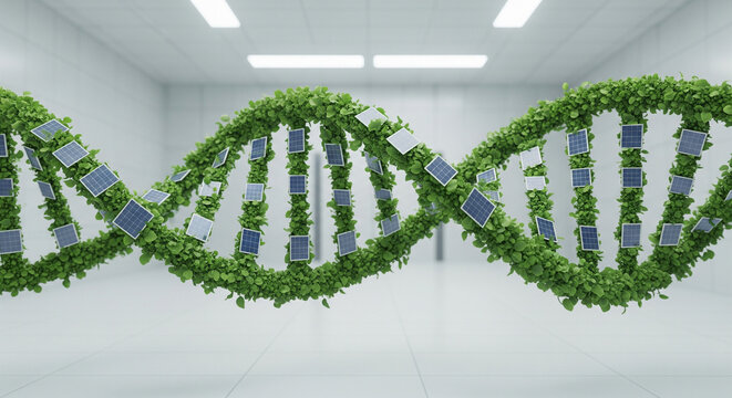 Eco-DNA: An innovative and striking representation of environmental sustainability. A unique concept of DNA helix intertwines with solar panels and lush foliage. - Powered by Adobe