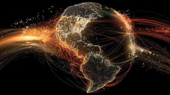 Dynamic visualization of the butterfly effect as a chain reaction on a digital globe. The Earth is a network of pulsating light nodes. 