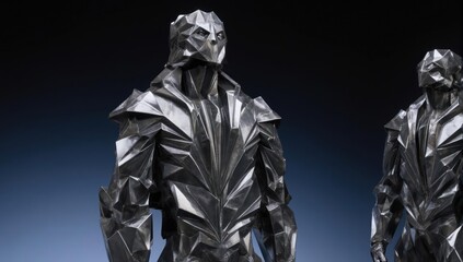 Sculptural figures in reflective metallic armor, geometric design, dark backdrop