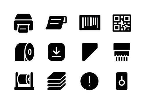 Shipping Label Icons. Shipping label printer. Solid icon set of shipping label printer: label printer, printed label, barcode sticker, QR label, thermal roll,