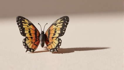 Colorful butterfly with intricate wings rests, casting a shadow