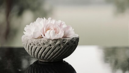 Delicate pink flower arrangement in a stone bowl on a reflective surface