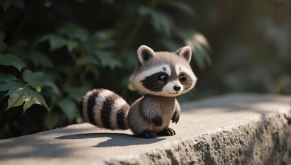 Adorable cartoon raccoon with huge eyes sits on a stone wall