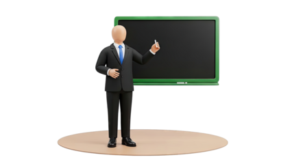 3D Man in Suit Teaching at Blackboard