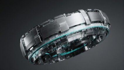 Futuristic metallic ring design, complex textures and illuminated accents