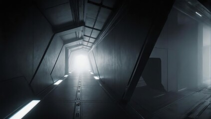 Dimly lit corridor with a bright light at the end, leading into an unknown space