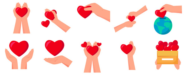 Charity Hands Holding Red Hearts Illustration Set