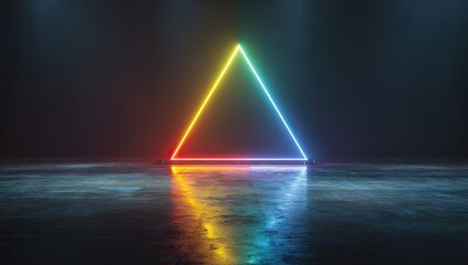 Neon triangle illuminated on a dark surface with reflections and vibrant colors