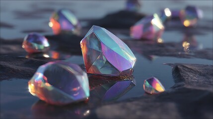 Iridescent crystals on wet surface reflecting light, modern futuristic floating crystals with colorful hues and facets, abstract background with shiny gemstones