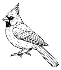 Hand drawn line art illustration of a cardinal bird depicting it perched for nature themed designs