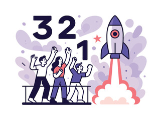 Rocket Launch Celebration. Launch moment. A rocket lifts off with a glowing trail as spectators cheer from a nearby platform; abstract countdown numbers float