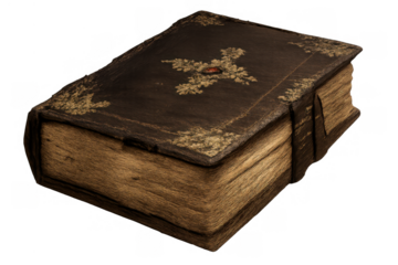Ancient leather book with ornate gold filigree and mystical gem, old magical grimoire on transparent background