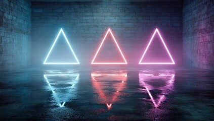 Neon triangles illuminate a reflective surface in a dark environment