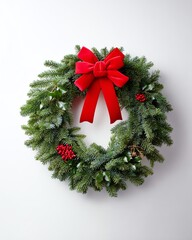 Festive Wreath: A classic holiday wreath with vibrant red bow and accents, celebrating the warmth and spirit of the holiday season.