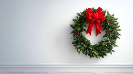Festive Wreath on a Wall: A beautifully crafted Christmas wreath adorned with a vibrant red bow graces a clean wall, bringing a touch of holiday cheer and timeless elegance.