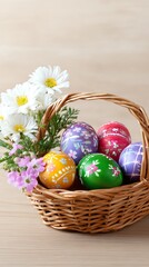 Springtime Basket: A charming basket filled with beautifully decorated eggs, nestled beside a cluster of delicate spring flowers, creating a vibrant display.
