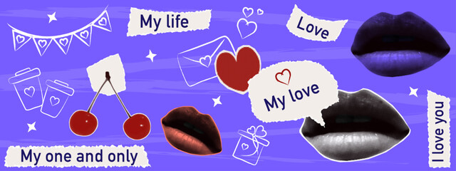 Female lips with a speech bubble, a declaration of love on scrapbooking paper. Romantic collage "I love you," poster, postcard with red cherries and a heart. Cut-out vector elements with uneven edges.