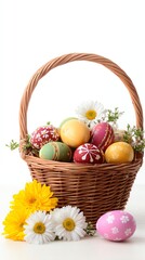 Springtime Basket of Delight: A charming wicker basket overflows with vibrantly painted Easter eggs, complemented by cheerful daisies, a seasonal celebration.