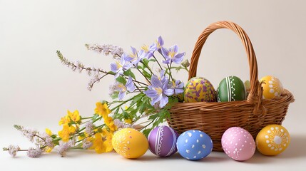 Easter Egg Hunt Delight: A charming Easter basket overflows with colorful, decorated eggs, nestled amidst delicate spring blossoms, evoking the joy and anticipation of the seasonal egg hunt.