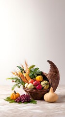 Harvest Bounty: A beautifully arranged cornucopia overflowing with an array of autumn harvest crops. A symbol of abundance and gratitude, presenting a cornucopia filled with the fruits of the season.